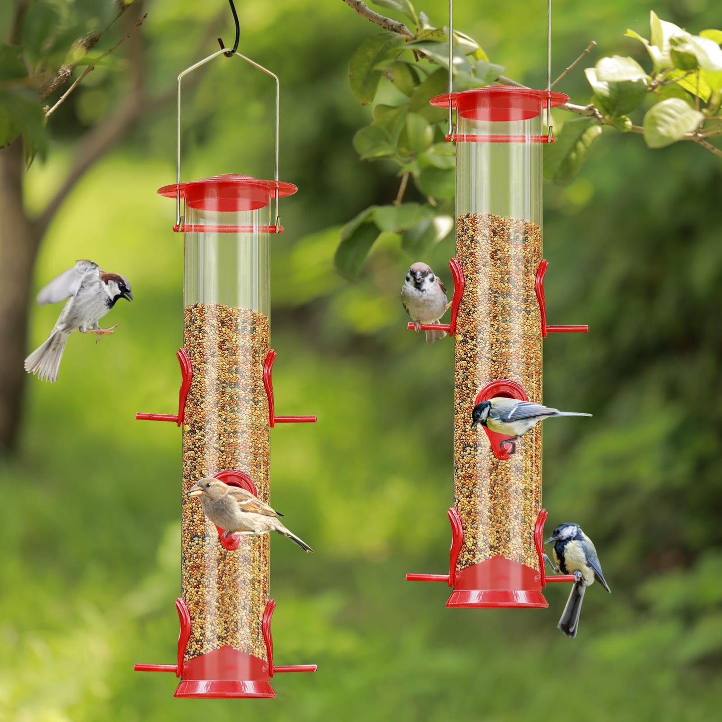 Bird Feeder Hanging Classic Tube Hanging Feeders with 6 Feeding Ports Premium Hard Plastic with Steel Hanger Weatherproof and Water Resistant Great for Attracting Birds Outdoors Garden Red 2Packs