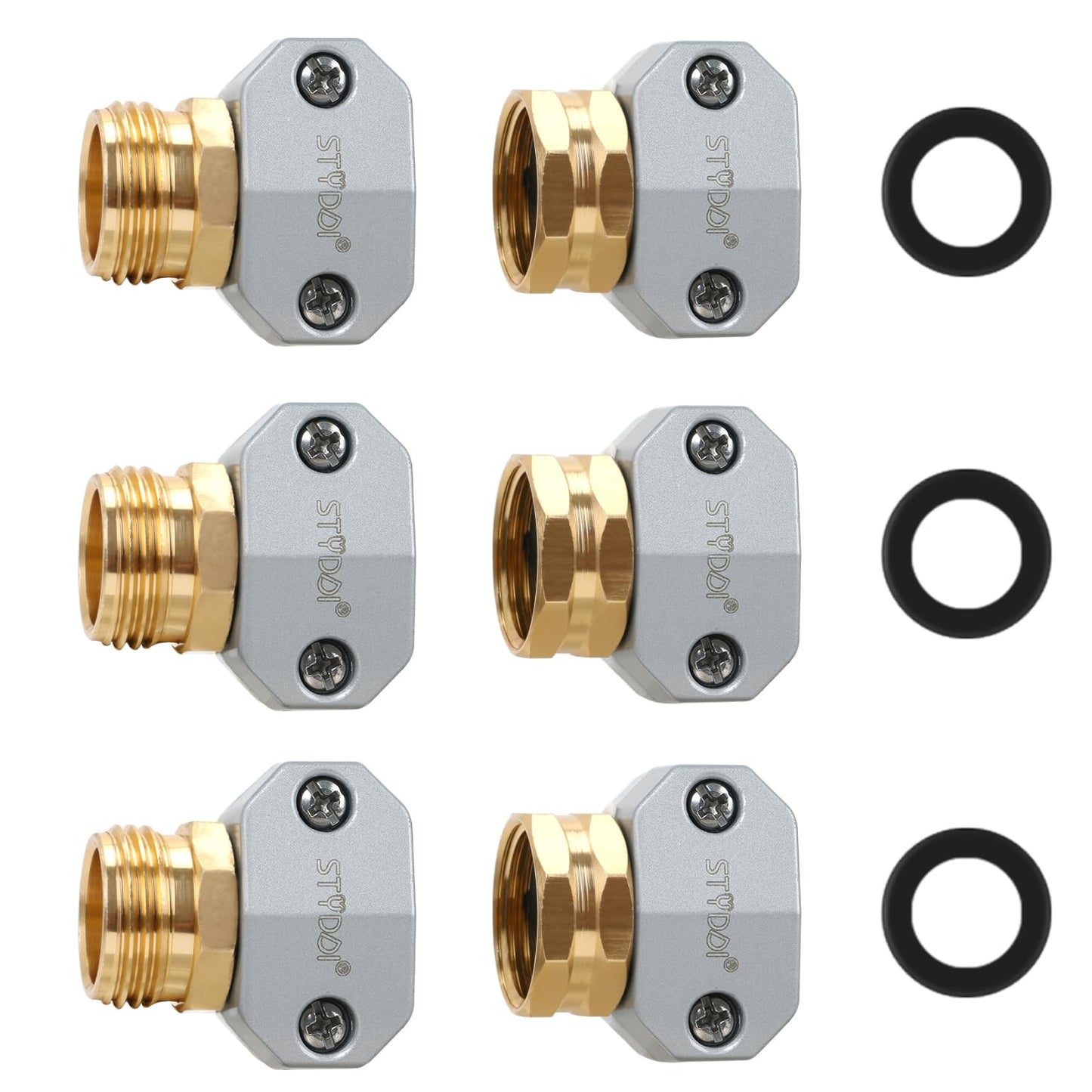 STYDDI Garden Hose Repair Kit, Aluminum Mender Female and Male Hose Connector with Zinc Clamp, Fit All 5/8-Inch and 3/4-Inch Garden Hose, 3 Sets