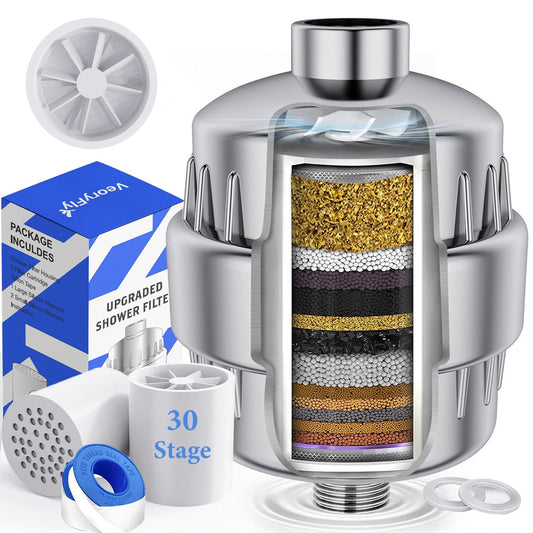 Veoryfly 30 Stage Shower Filter with Vitamin C for Hard Water, High Output Showerhead Filter with 2 Replaceable Cartridges, Shower Water Filter for Removing Chlorine, Heavy Metals and Other Sediments