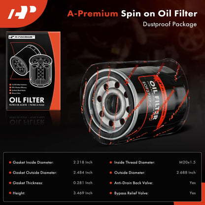 A-Premium 4-PC 10K Miles Protection Spin On Oil Filter Compatible with Ford & for Honda & Nissan & Hyundai & Subaru & Dodge & Mazda & Chrysler & Acura & Mitsubishi & Infiniti & Suzuki & Plymouth