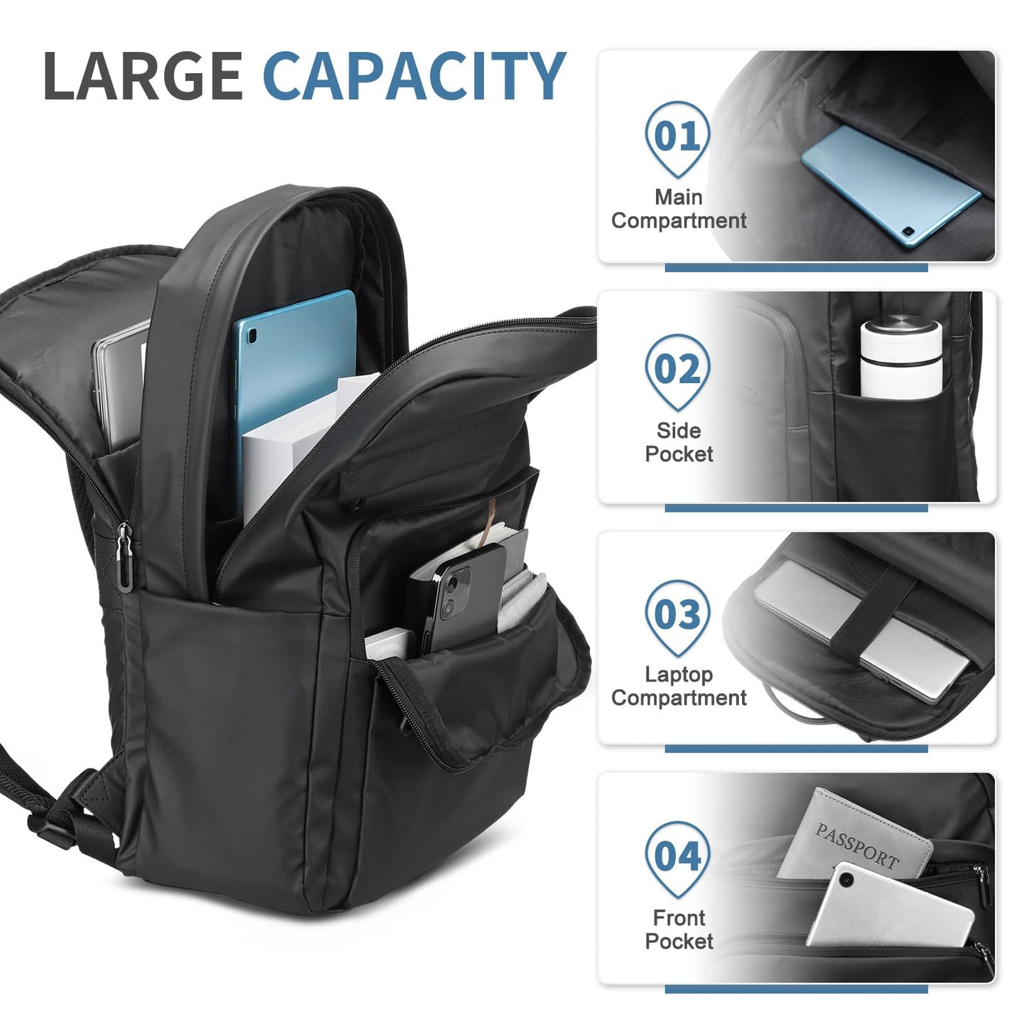 SUIKIHUM 16 Inch Laptop Backpack for Men Women, Travel Backpack W/Anti-Theft Pocket, Business Backpack Lightweight Water-Resistant TSA Approved for Work College, Black
