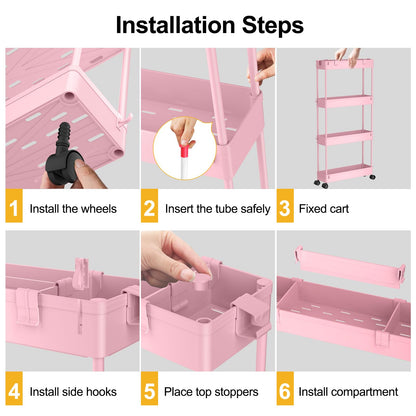 SPACELEAD Slim Storage Cart 4 Tier,Bathroom Storage Organizer Rolling Utility Cart, Mobile Shelving Unit Slide Out Storage Cart for Office, Bathroom, Kitchen, Laundry Room & Narrow Places， Pink