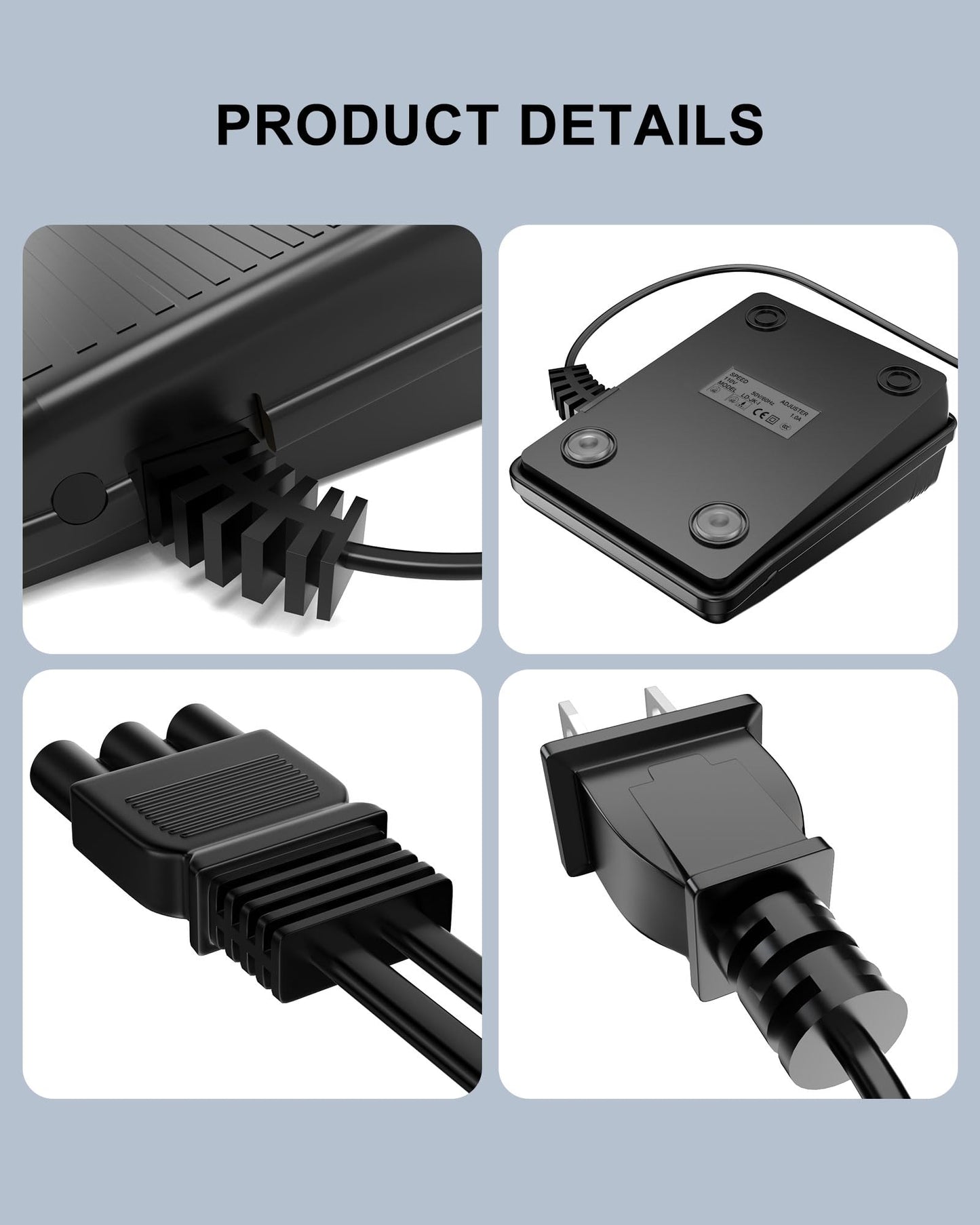 VHBW for Janome Sewing Machine Foot Pedal Power Cord Compatible with Janome 033770217 hd1000 hd3000 128 2212 7318 7933 3434d Kenmore 385.12318990 385.16221300 385.12908 384 385 1802400
