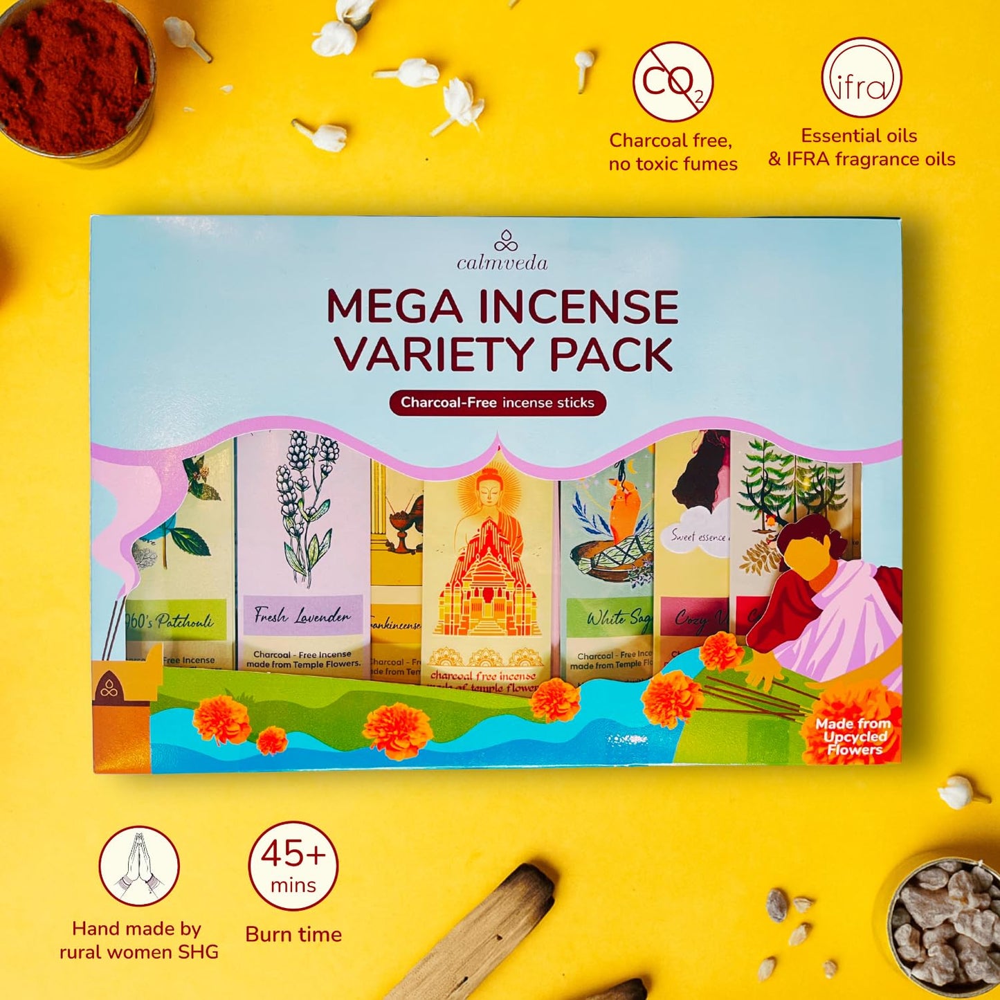 CALMVEDA Natural Incense Sticks Mega - Variety Pack (144 Insence-sticks Bulk, 12 Aromas) Clean No Charcoal Incense, Made from Upcycled Flowers | Organic Incense Sticks Non Toxic (Slow burn, Longlast)