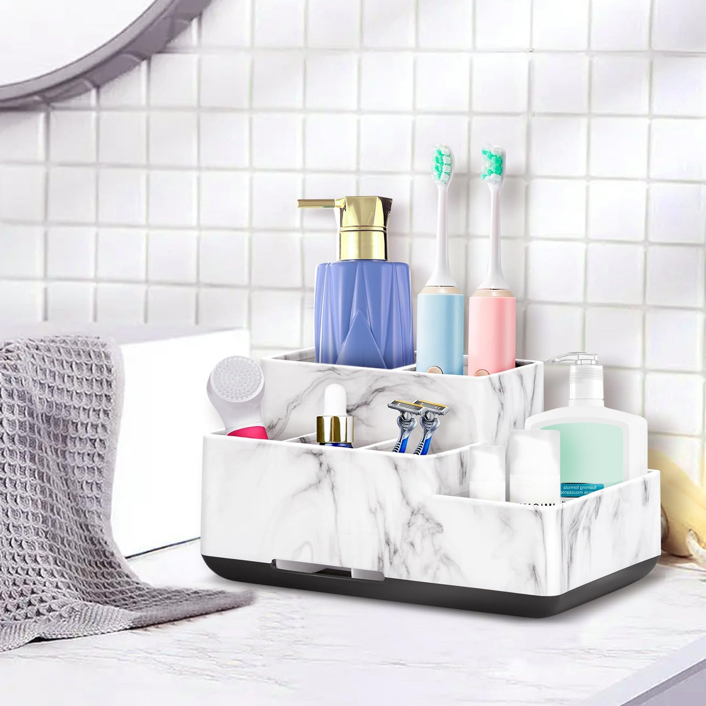 Toothbrush Holder, Bathroom Organizers Countertop, 6 Compartments Multifunctional Washroom Organizer for Toothpaste, Cosmetic, Makeup, Office Stationery Pencils, White Marble