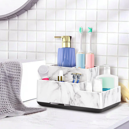 Toothbrush Holder, Bathroom Organizers Countertop, 6 Compartments Multifunctional Washroom Organizer for Toothpaste, Cosmetic, Makeup, Office Stationery Pencils, White Marble