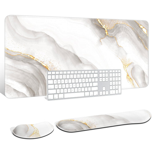 Auhoahsil Keyboard Mouse Pad Set, XXL Large Desk Pad+Keyboard Wrist Rest+Mouse Cushion Support, Ergonomic Memory Foam, 35.5'' x 15.7'' Extended Mousepad, for Office & Gaming,White Gold Gray Marble