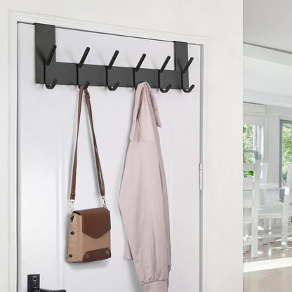 SKOLOO Over The Door Hooks for Hanging Coats Towel Key Clothes - 6 Hooks, Over The Door Towel Rack for Bathroom, Stainless Steel Over Door Coat Hook (Square, Black)
