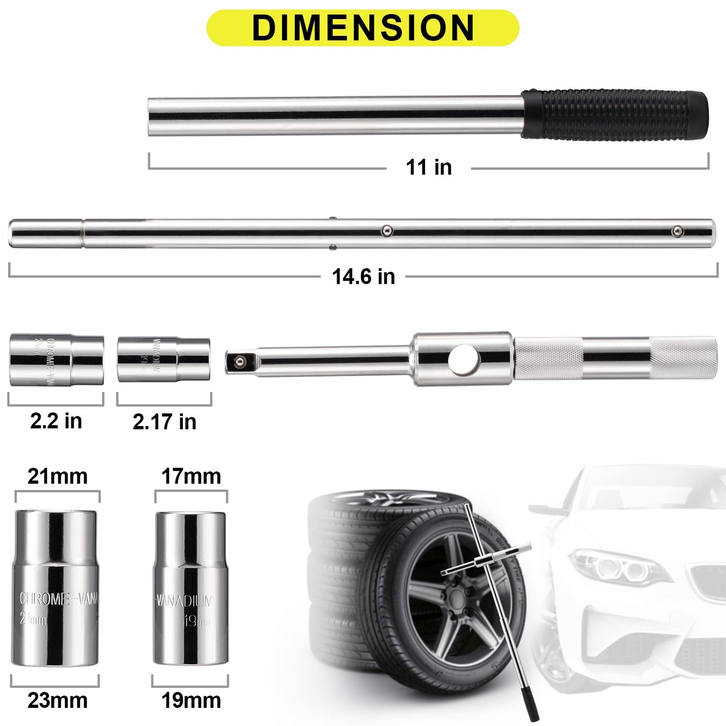 Spurtar 25" Extended Lug Wrench, Heavy Duty Lug Nut Remover Tool, Universal 4 Way Tire Iron Wrench with Standard Sockets (17/19, 21/23mm) and Oxford Storage Bag