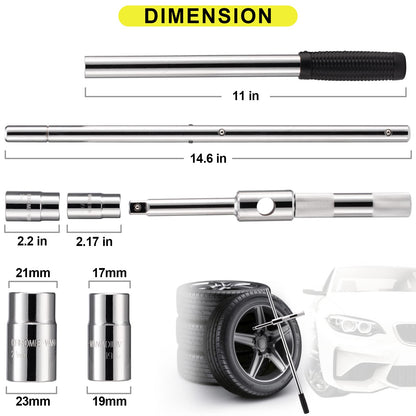 Spurtar 25" Extended Lug Wrench, Heavy Duty Lug Nut Remover Tool, Universal 4 Way Tire Iron Wrench with Standard Sockets (17/19, 21/23mm) and Oxford Storage Bag