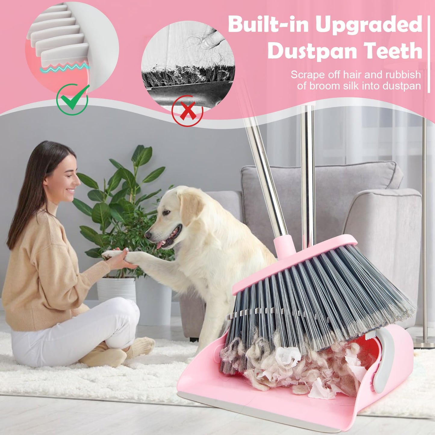 XXFLOWER Broom and Dustpan Set with Split Bristles,Upright Standing Dust Pan with Comb Teeth for Floor Cleaning,Broom with Dustpan Combo with Long Handle for Home Kitchen Lobby Office(Gray Pink)