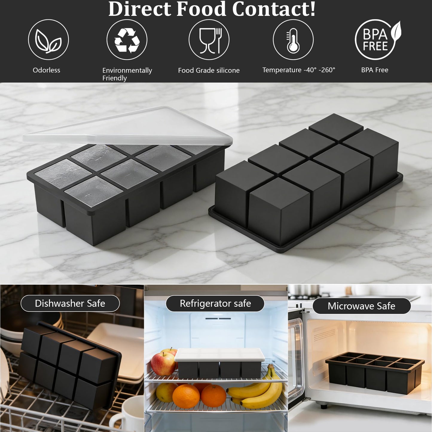 Bangp Silicone Ice Cube Trays with Metal Reinforced Frame(3 Pack),Large Ice Cube Tray with Lid,Easy Release Whiskey Ice Cubes Mold,Ice Trays for Freezer,Stackable Ice Cube Tray(Black)