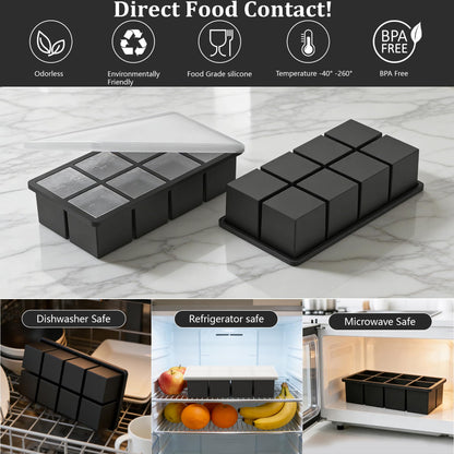 Bangp Silicone Ice Cube Trays with Metal Reinforced Frame(3 Pack),Large Ice Cube Tray with Lid,Easy Release Whiskey Ice Cubes Mold,Ice Trays for Freezer,Stackable Ice Cube Tray(Black)