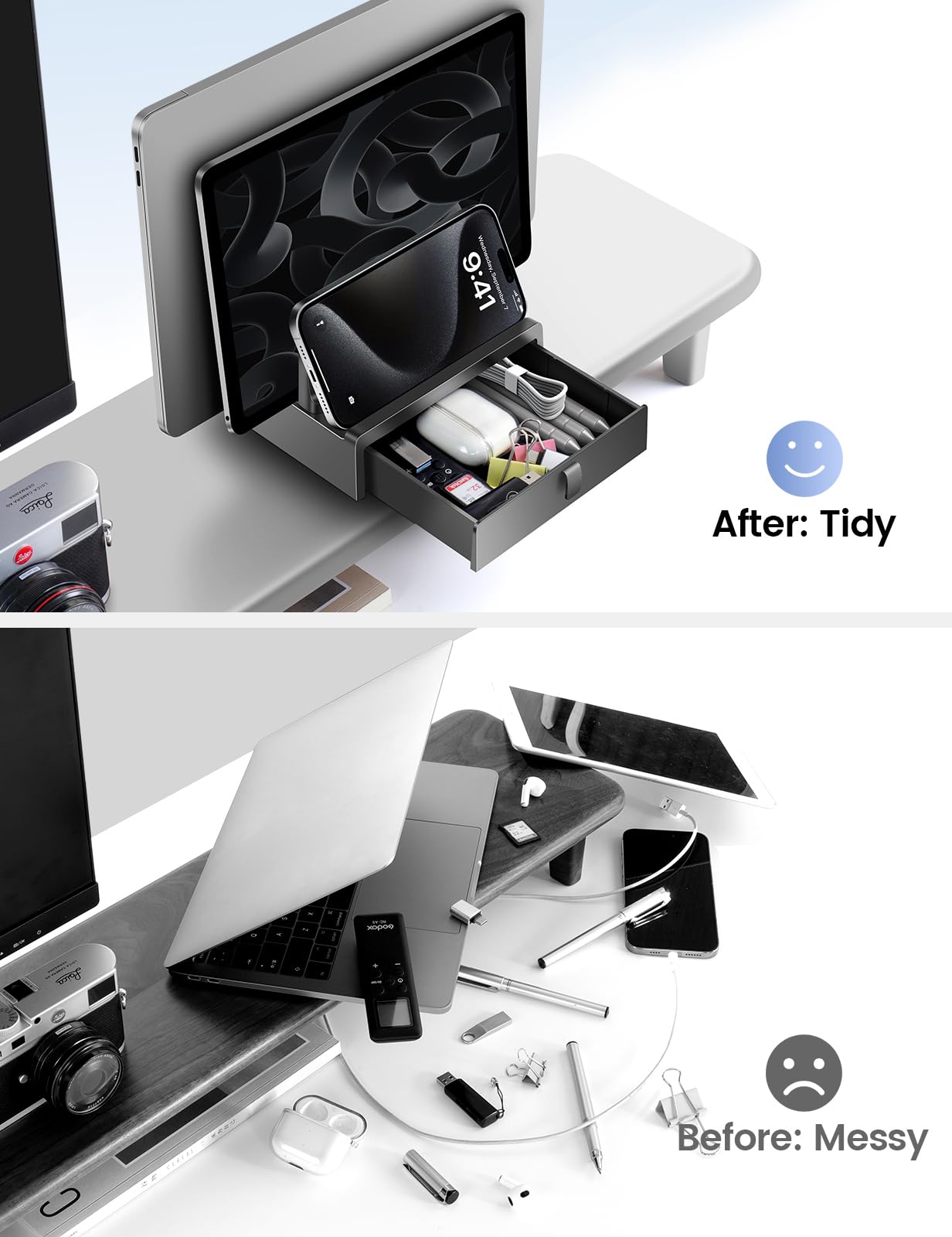 Vaydeer Vertical Laptop Stand with Drawer, Dual Slots Plastic Laptop Holder with Space Saving 4-in-1 Design, Adjustable Laptop Stand for Desk, Supports MacBook, Chromebook, Surface, Dell