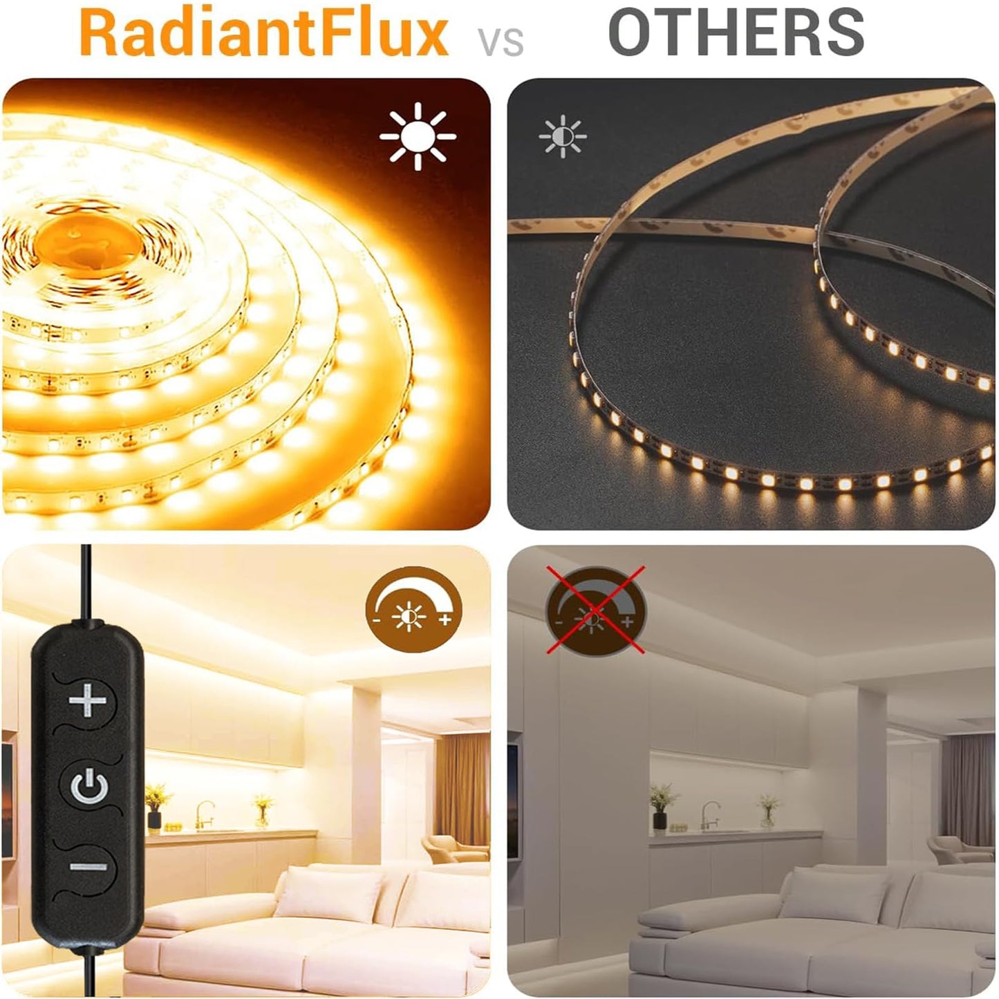 RadiantFlux Warm White Led Strip Lights for Bedroom, 16.4ft 300Leds, Dimmable,Flexible, Super Bright LED Tape Lights for Living Room, Kitchen, Vanity Mirro （Indoor Use）