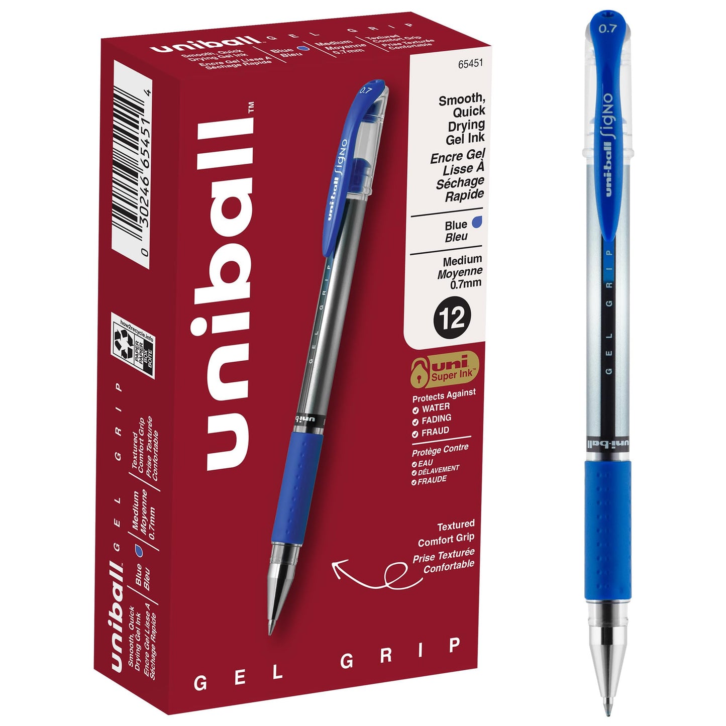 uni-ball Gel Grip Stick Medium Point Gel Pens, 12 Blue Ink Pens(65451)