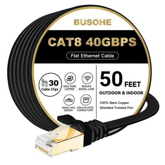 Cat 8 Ethernet Cable 50 FT, BUSOHE 40Gbps 2000MHz Cat8 High Speed Flat Internet Network Patch Cord, SFTP Shielded LAN Wire with Gold Plated RJ45 Connector, with Clips, for Outdoor Indoor- 50FT Black