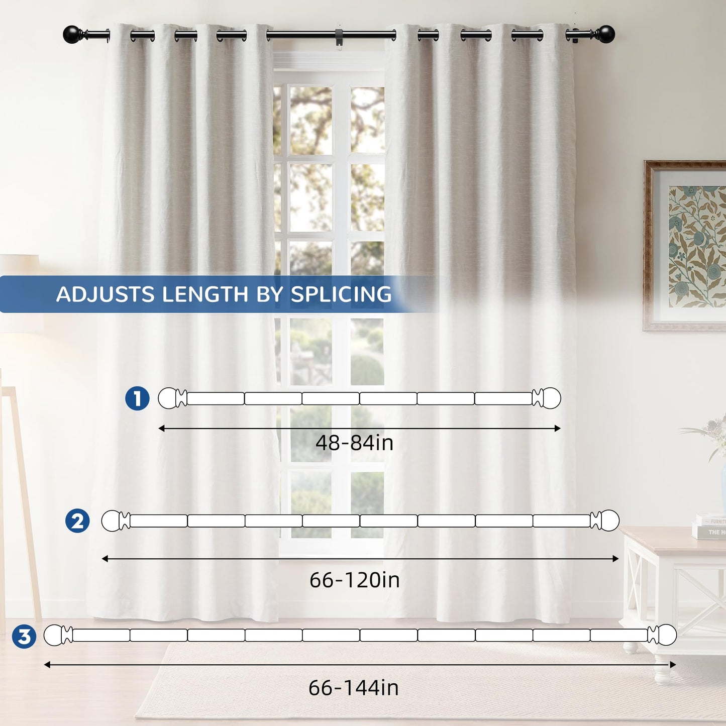 Black Curtain Rod for Windows 66 to 120 inch, Adjustable 1 inch Diameter Heavy Duty Long Curtain Rods with 3 Brackets for Bedroom, Sliding Glass Doors, Outdoor, Patio (168-305 cm)