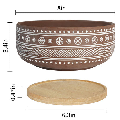 Thirtypot 8 Inch Terracotta Succulent Planter Pot with Drainage Hole and Bamboo Tray, Brown Round Shallow Bonsai Pot for Indoor Plants