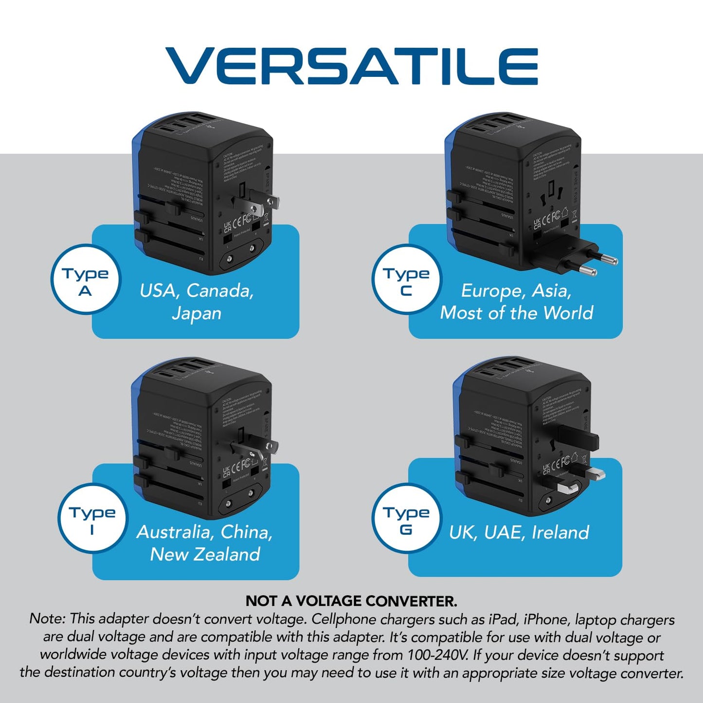 Ceptics Universal Travel Adapter, 5 in 1 Universal Laptop Charger with 2X USB-A & USB-C 3.5A for Mobiles, Laptops, Cameras US, UK, EU, AU, All in 1 Type A, C, G, I Output,