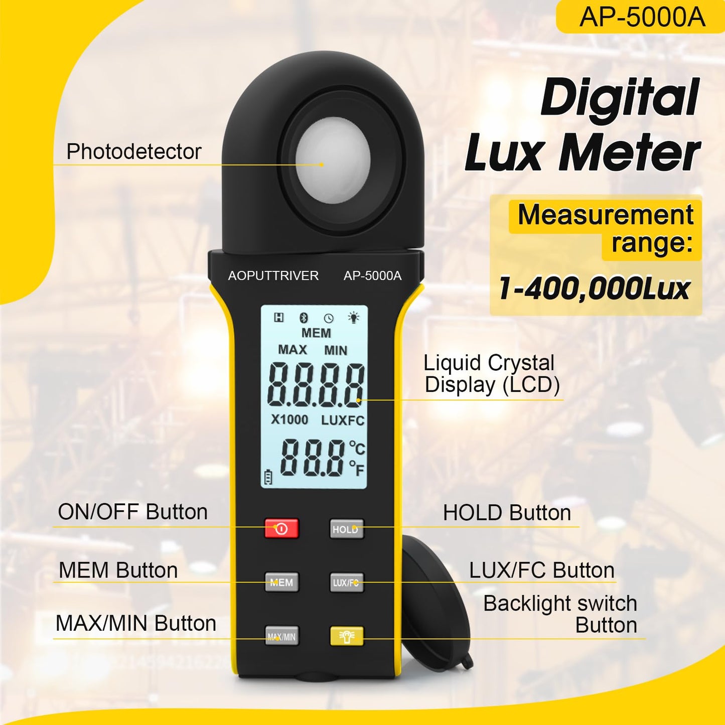 Light Meter Lux Meter Logger,Digital Lumen Tester Measure Range 0.1~400,000 Lux(0.1~40,000 FC) Foot Candle Luxometer with Rotatable Detector, Data Logging for Plant Grow Aquarium (AP-5000A