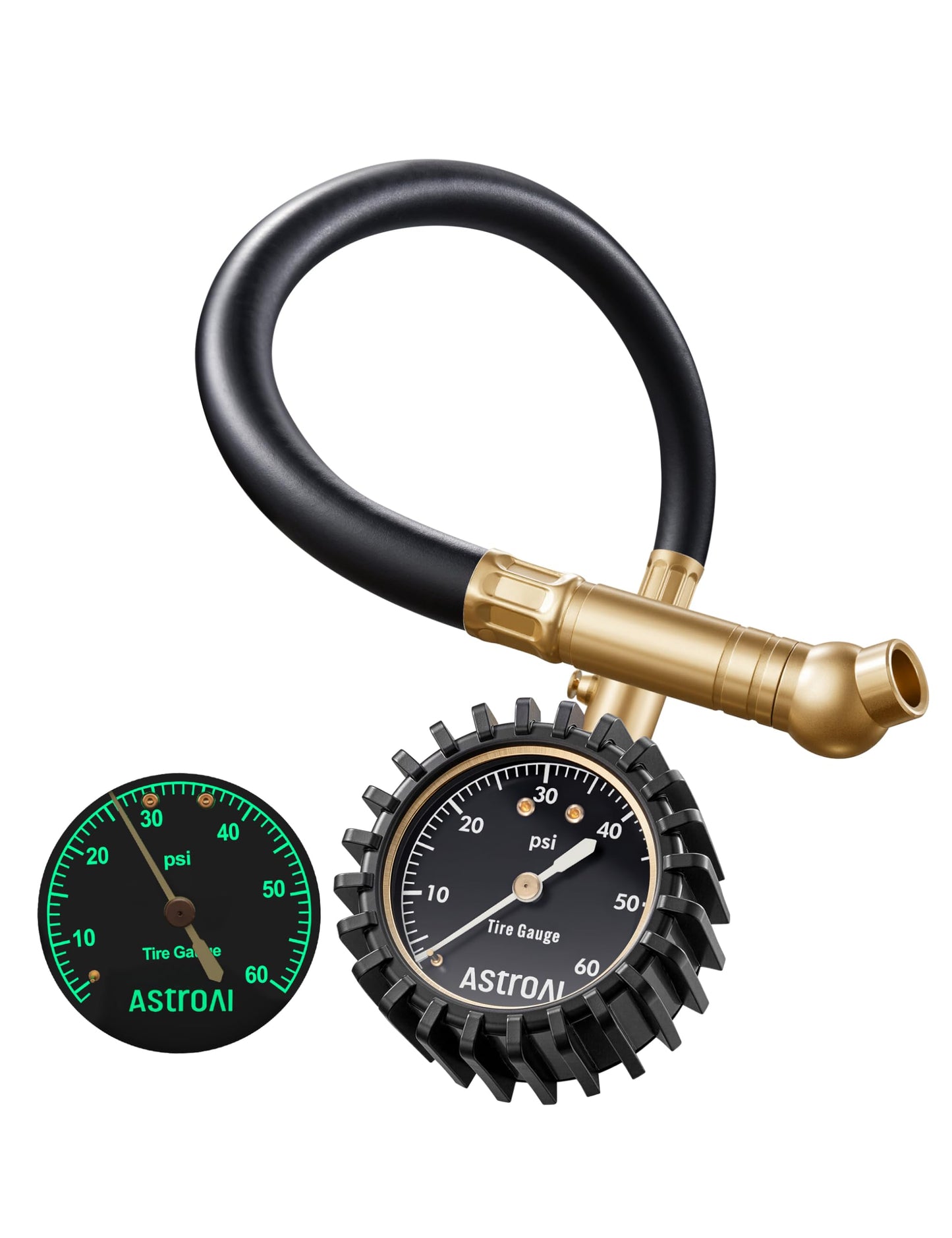 AstroAI Heavy Duty Tire Pressure Gauge 60 PSI with Large 2" Easy Read Glow Dial, Durable Rubber Hose and Solid Brass Construction, Professional Mechanical Tire Gauge for Motorcycles, Cars, Bicycle