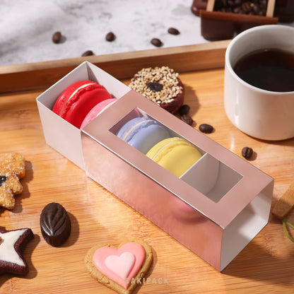 BAKIPACK 30 Macaron Boxes for 4 or 5, Rose Gold Macaron Boxes with Clear Window, 4.8" x 1.9" x 1.9" Macaron Packaging Gift Boxes, Candy Gift Boxes