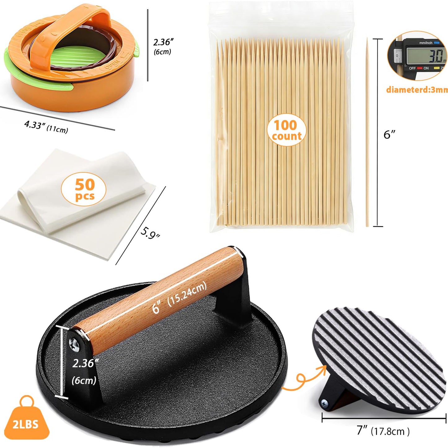 Smash Burger Press kit - 2 lb Heavy Duty Cast Iron Burger Press - 3 in 1 Hamburger Patty Maker Mold - 50 Patty Papers,100 Bamboo Skewers, Round Bacon Press for Blackstone Griddle Accessories