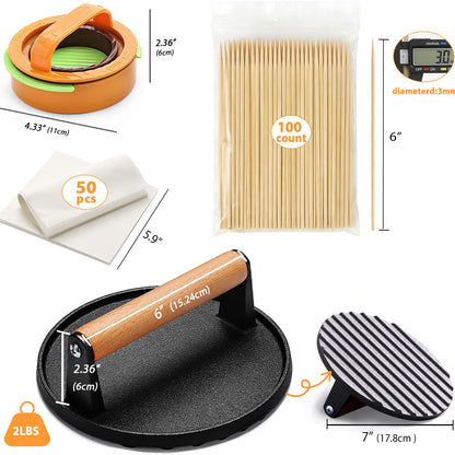 Smash Burger Press kit - 2 lb Heavy Duty Cast Iron Burger Press - 3 in 1 Hamburger Patty Maker Mold - 50 Patty Papers,100 Bamboo Skewers, Round Bacon Press for Blackstone Griddle Accessories