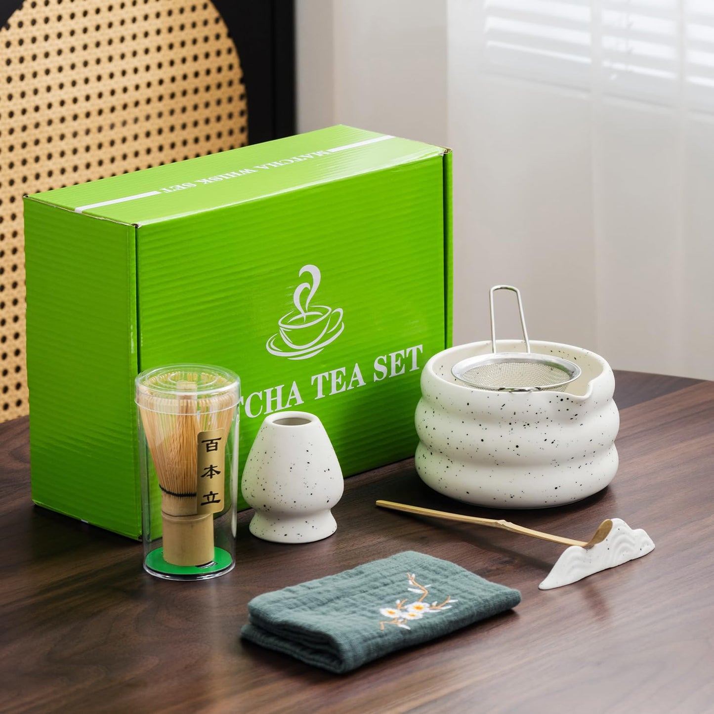 7Pcs Japanese Matcha Tea Set - Matcha Bowl, Whisk, Holder, Strainer - Elegant Gift Set