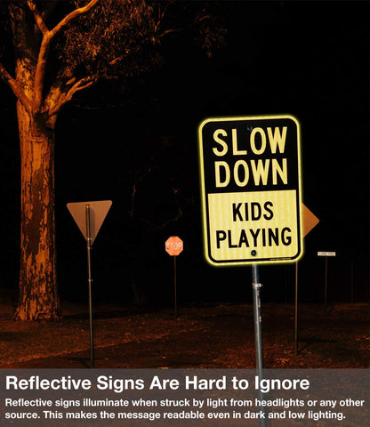 (2 Pack) Slow Down Sign, Slow Down Kids Playing Sign, 18 x 12 Engineer Grade Reflective Sheeting Rust Free Aluminum, Weather Resistant, Waterproof, Durable Ink