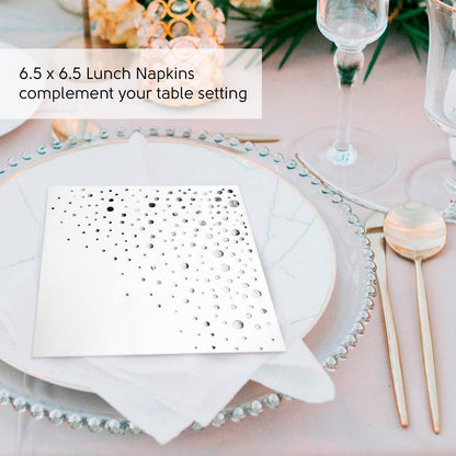 Stylish 6.5 x 6.5 Inch Silver Napkins - 100 Pack of White and Silver Lunch Napkins - Add Sparkle to Your Event with Party Napkins - Disposable 3 Ply Wedding Napkins for Reception
