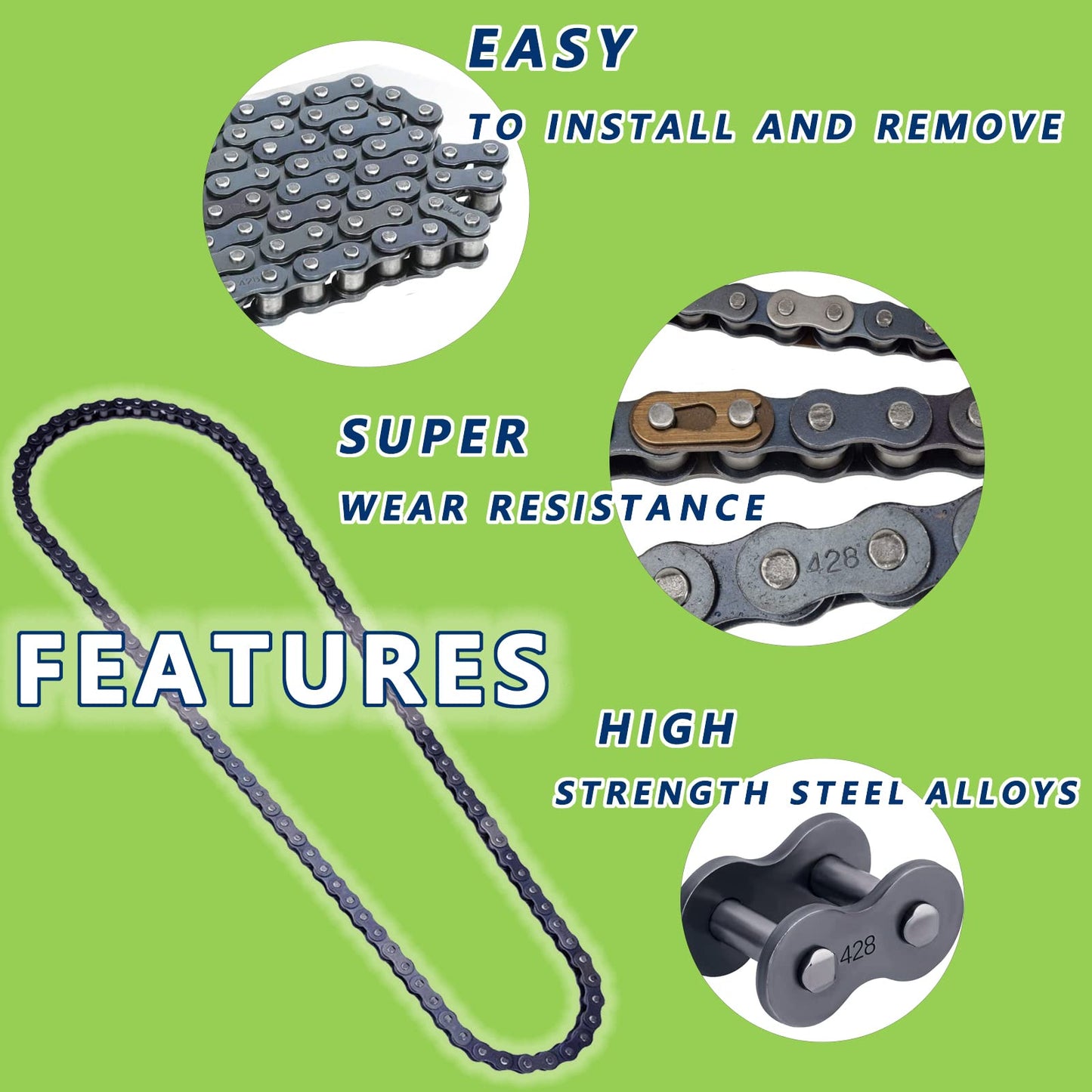 CQSPMOTO 428 Chain 122 Link Replacement with 4 Connecting Master Links for 110cc 125cc 150cc 200cc 250cc Chinese ATV 4 Wheeler Quad Pit Dirt Bike Go Kart Heavy Duty Drive Chain