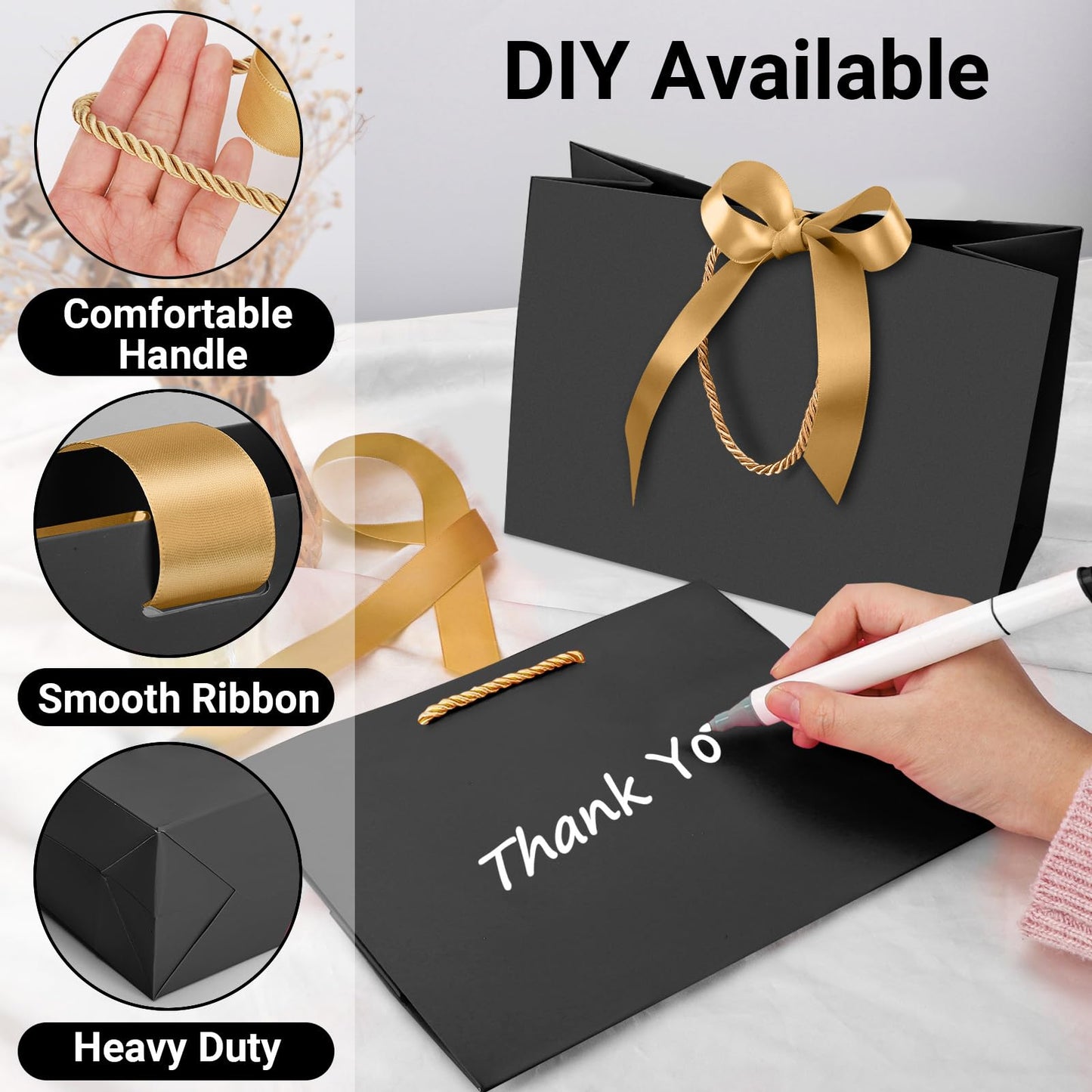 EUSOAR Gift Bags Medium Size, 12pcs 10.6"x3.1"x8.3" Black Kraft Paper Bags with Bow Ribbon Handle, Shopping Thank You Bag Party Favor Gift Treat Bag Bulk for Merchandise Wedding Guests Bridal