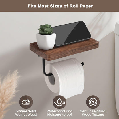 AISHEDYER Toilet Paper Holder with Shelf - Wall Mount & Self-Adhesive Bathroom Tissue Roll Holder, Black Stainless Steel with Walnut Shelf for Phone - Home Apartment Hotel Restroom Decor Essentials