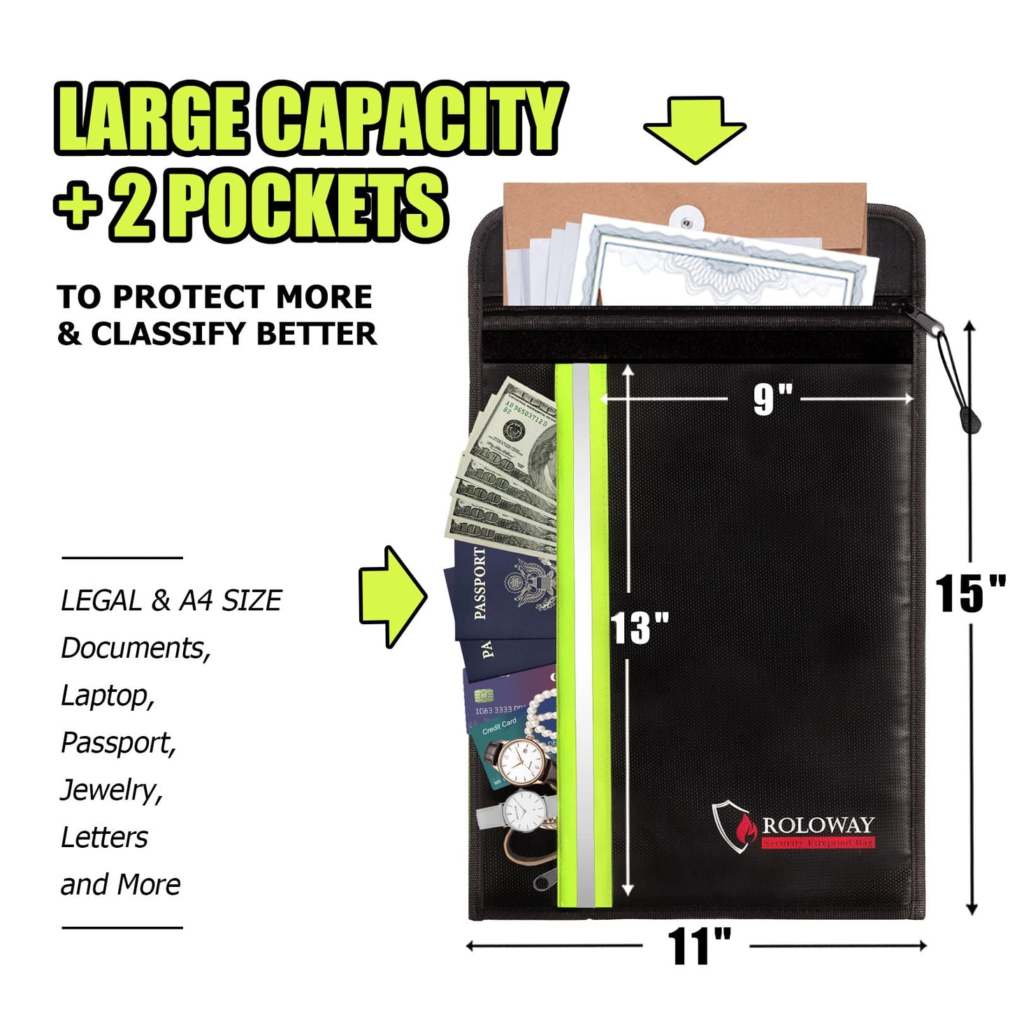 ROLOWAY Fireproof Envelope for Cash, Legal Documents Safe (15 x 11 inch) with 2 Pockets & Waterproof Zipper, Black