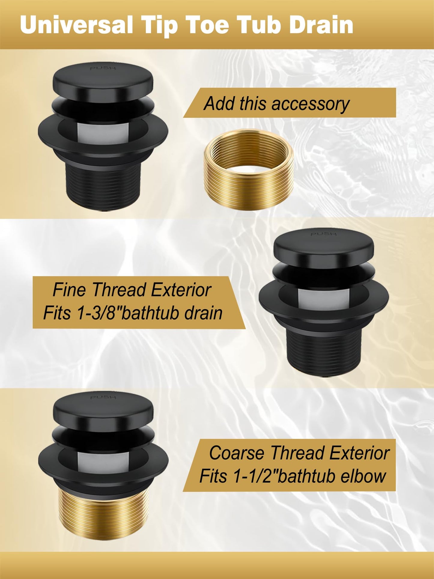 Tip-Toe Bathtub Drain Stopper, Tub Drain Set with 2-Hole Overflow Faceplate and Universal Fine/Coarse Thread, Bath Tub Plug Kit Assembly Fits 1-3/8" or 1-1/2" Bath Drain (Black)