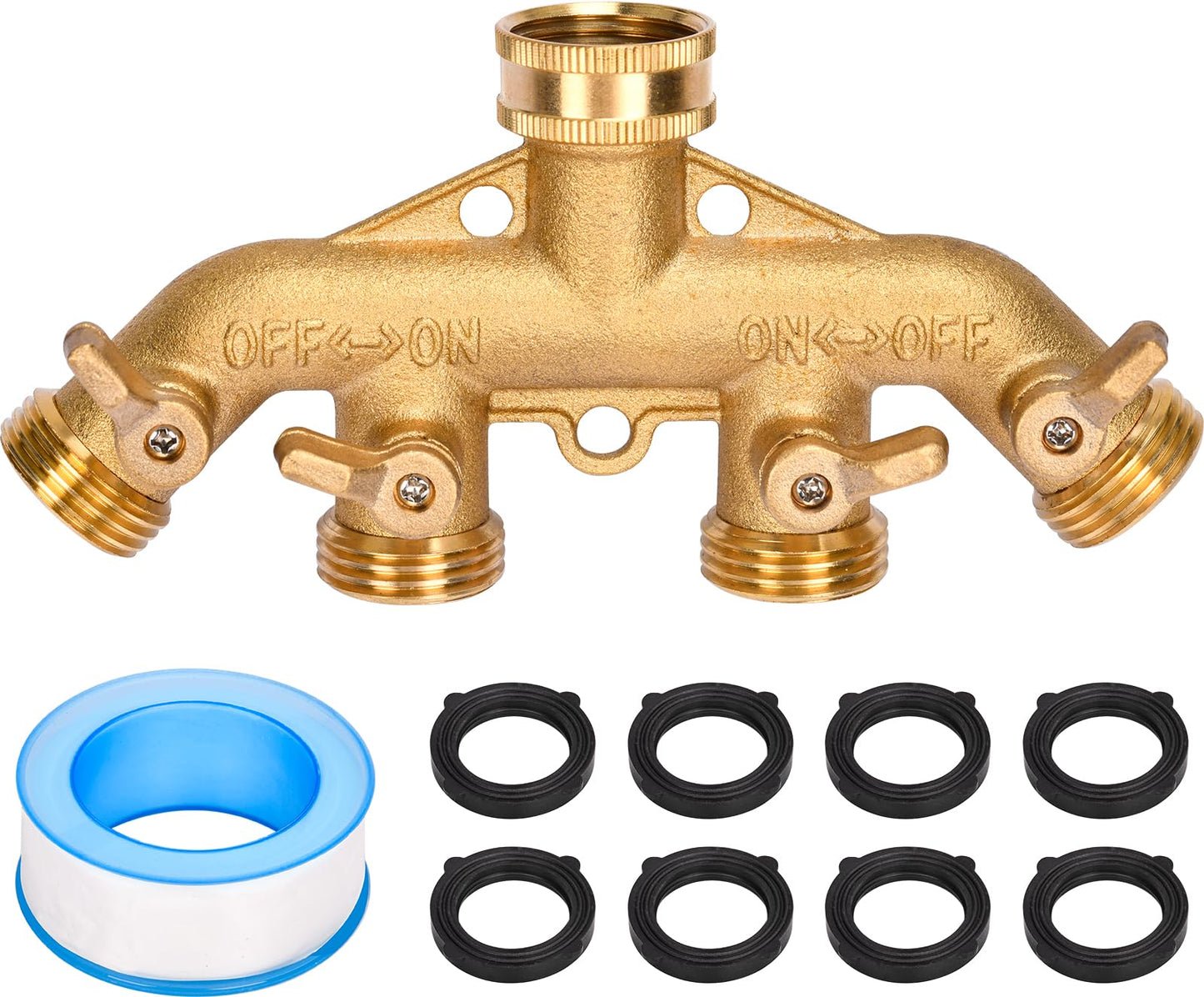 XIBETEO 4 Way Garden Hose Splitter 3/4" GHT Heavy Duty Solid Brass Garden Hose Splitter Hose Spigot Adapter with 4 independently Controlled valves 8 Washers for Garden, Home Life, Household Use