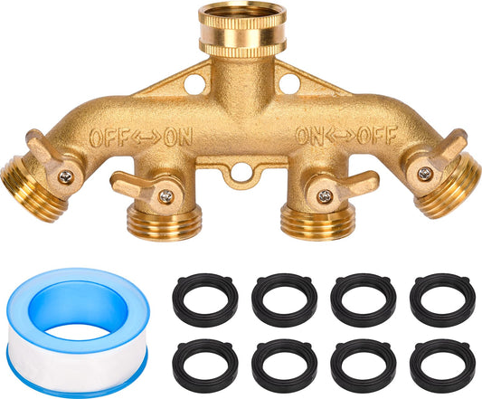 XIBETEO 4 Way Garden Hose Splitter 3/4" GHT Heavy Duty Solid Brass Garden Hose Splitter Hose Spigot Adapter with 4 independently Controlled valves 8 Washers for Garden, Home Life, Household Use
