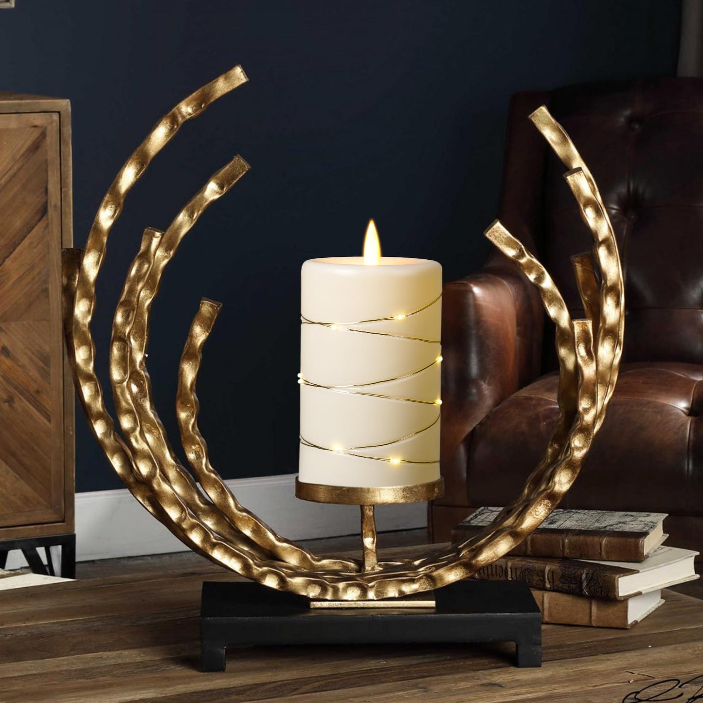 3 Pack Ivory Flameless Taper Candles, Upgraded Realistic Flame Wick LED Candles with Surrounding Copper String Lights, Remote Control Battery Operated Flickering Candles for Home Wedding Holiday Decor