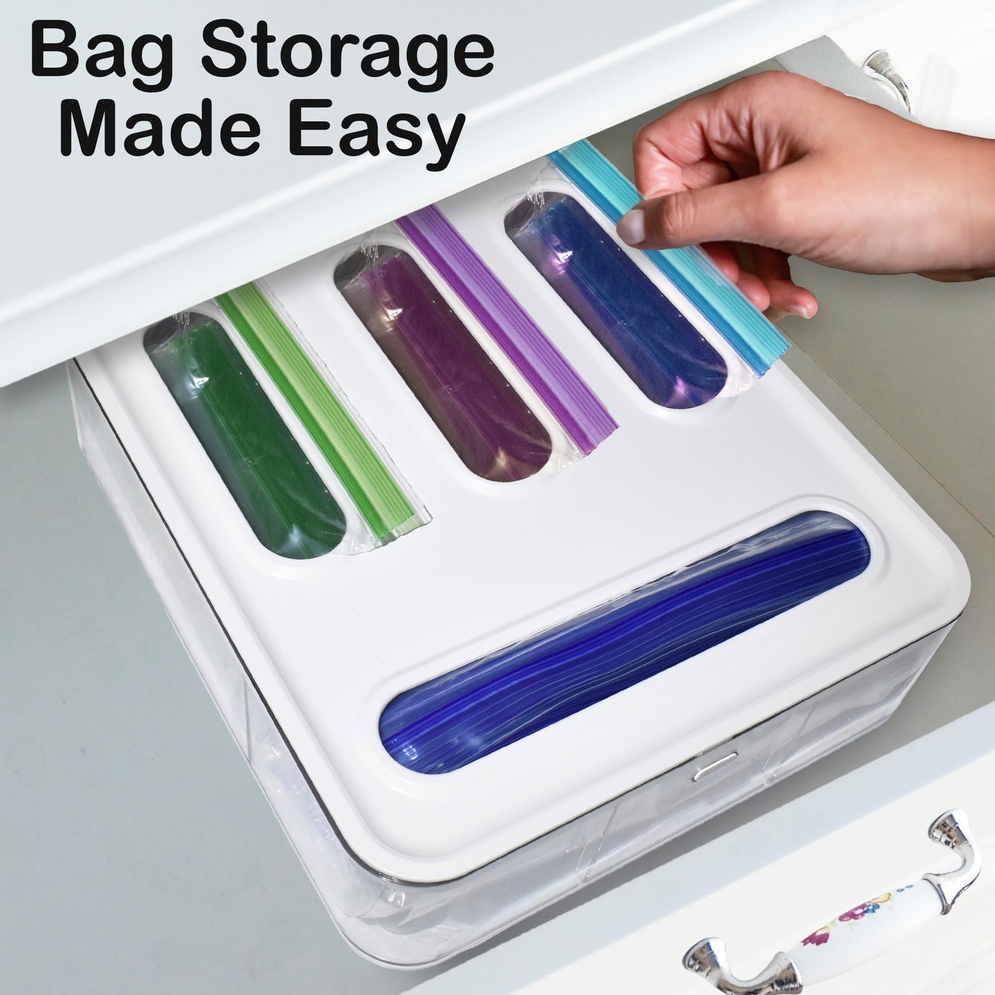 Bag Storage Organizer for Kitchen Drawer, Plastic Bag Container Holder, Baggie Dispenser for Gallon, Quart, Sandwich, Snack, Kitchen Organizers and Storage
