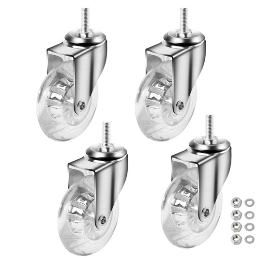 Stem Casters Set of 4, 3 Inch Caster Wheels for Furniture, M8 Crystal Clear Polyurethane Furniture Casters - Rolling Castors with 360 Degree Swivel for Cabinet, Ottoman, Bench