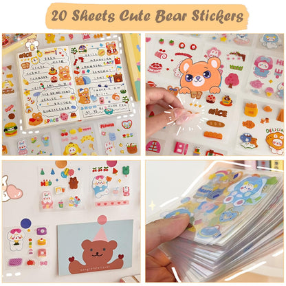 406Pcs Cute Bear Stationery Set, Kawaii Office Supplies Includes Fun Pencil Case Gel Ink Pens, Cartoon Sticky Notes Mini Notebooks Stickers Card Case As Bulk Party Gifts (Bear)