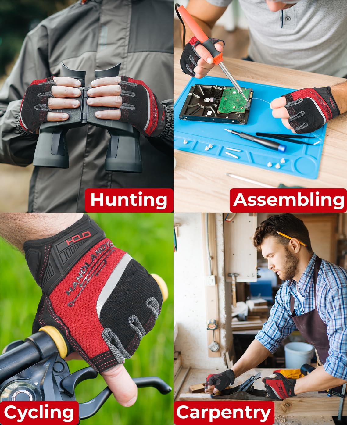 HANDLANDY Fingerless Work Gloves for Men, Half Finger Working Glove Grip Shock-Absorbing Breathable Uwrist TPR Anti-collision Gloves for Mens & Women(M)