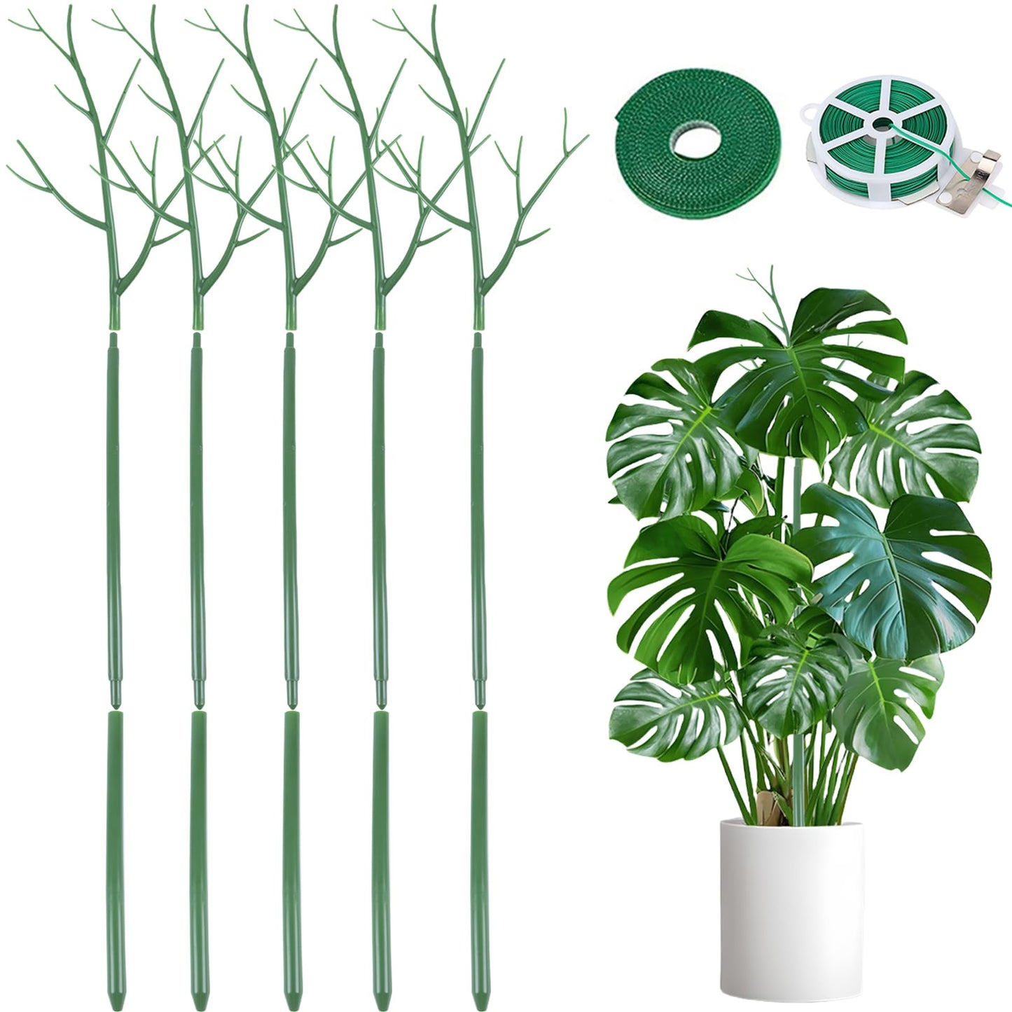 5 Pack Stackable Monstera Plant Support Stakes, 39.4 Inch Climbing Plants Support Structures with Twist Plant Ties, Plastic Plant Sticks for Monstera, Pothos, Philodendron, Green