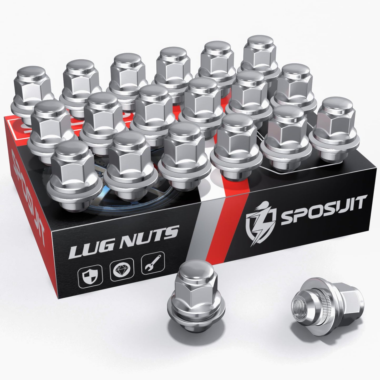 Sposuit M12x1.5 Lug Nuts - Replacement for 1983-2023 Toyota Camry, 2001-2023 Highlander, 1996-2023 RAV4, 1998-2023 Sienna - OEM Factory Style Mag Seat Chrome Lug Nut with Washer(20 Pcs)