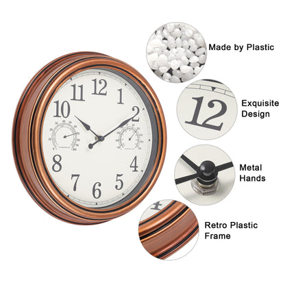 Vigorwise 12inch Outdoor Clocks Plastic Waterproof Wall Clock with Temperature & Humidity