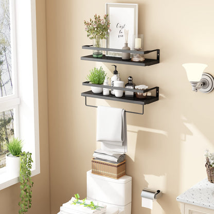 Black Floating Shelves Wall Mounted, Bathroom Wall Shelf with Towel Bar, Wood Decor Rustic Floating Shelves Set of 2, Storage Shelves for Kitchen, Bathroom, Laundry Room etc (Black)