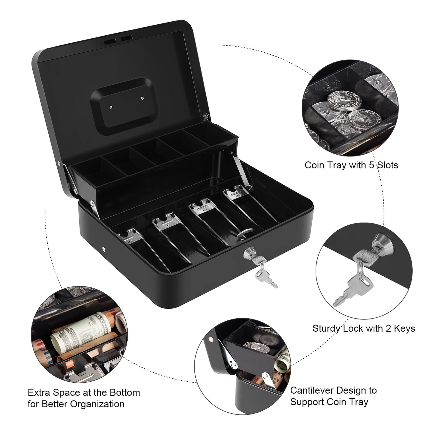 Sumerfnt Cash Box with Money Tray and Lock Money Box for Cash, Metal Locking Cash Box - 11.8" x 9.4" x 3.54" Black