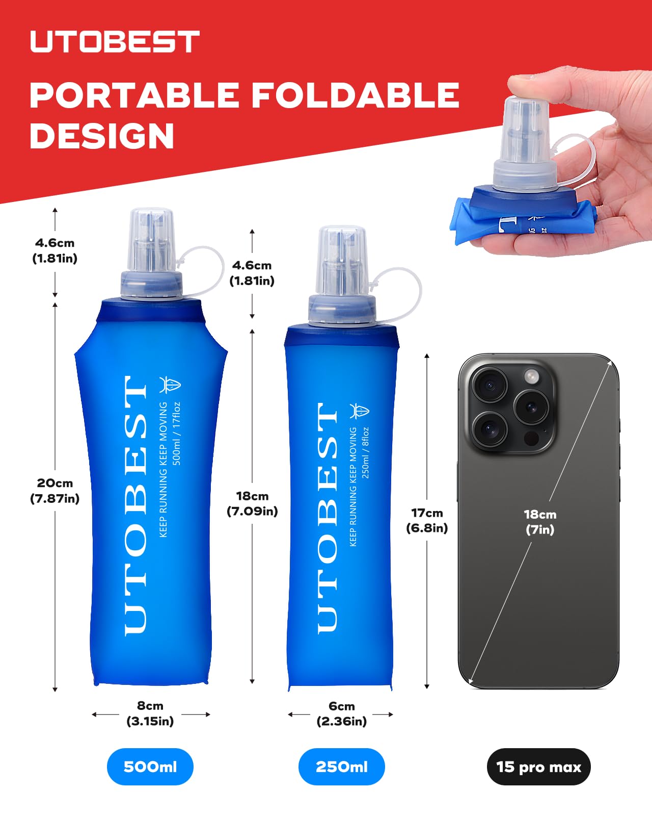 UTOBEST Soft Flask Running Water Bottle Collapsible Water Bottle for Trail Running Hydration Pack Hiking Cycling Climbing 500 ML